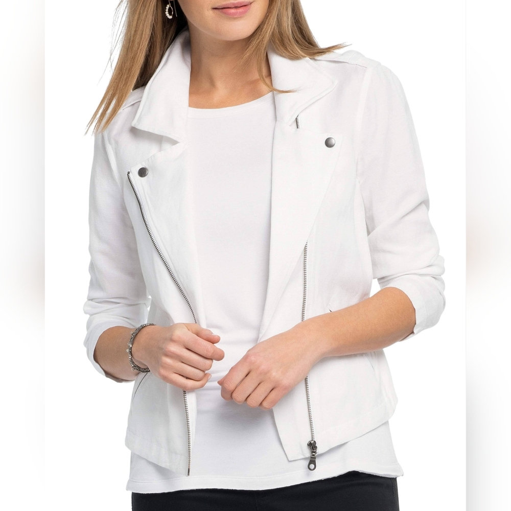 Nic + Zoe Fall Linen Rayon Bomber Motorcycle White Jacket Outerwear Size XL